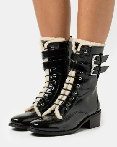 Kurt Geiger London Serena Block Heel Black Patent Combat Boots With Fur Trim 8.5