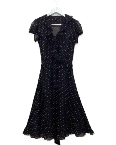 MSK Dress Size 4 Polka Dot Navy Pink Faux Wrap Ruffle Midi Short Sleeve Blue