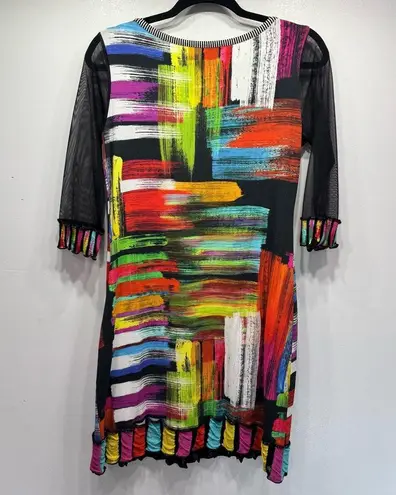 Olivier Philips Bright Colorful Paint Strokes Dress 3/4 Mesh Sleeves Art to Wear Size M