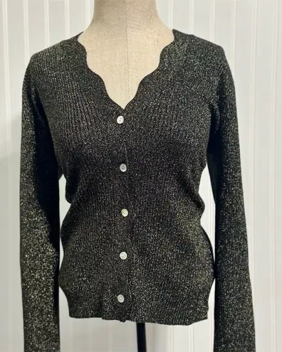 Rails Dita Black Metallic Scallop Cardigan L Old Money Glam Party Sparkle NWOT