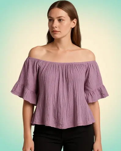 Boho Lilac Crinkle Cotton Off Shoulder Top Cottagecore Greece Women’s M Purple Size M