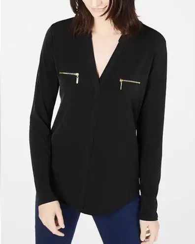 INC International Concepts Black Blouse with Gold Zipper Pockets Size XXL