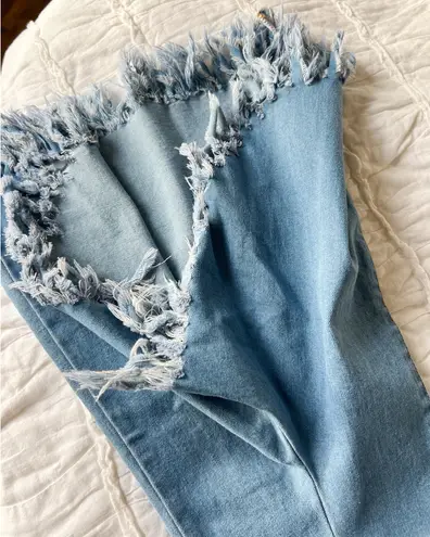 Peach Love California Comfy blue bell bottom fringe flare jeans