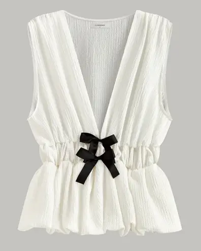 COMMENSE White Textured V Neck Sleeveless Peplum Top Black Bow Accent Size XS