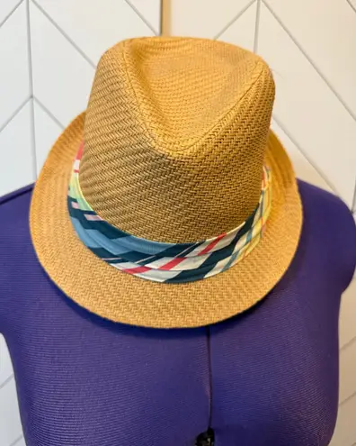 Forever 21  Women’s Paper Straw Fedora Hat Stripe Sash Summer Vacation Beach - Image 1