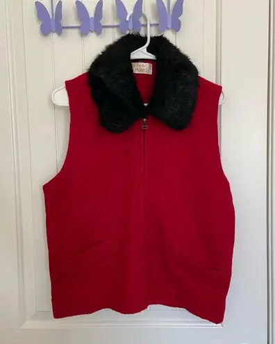 Vintage Tally Ho women’s vest 100% wool faux fur collar zip red fashion Size M