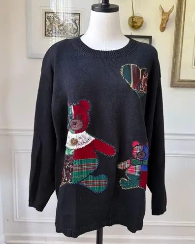 Susan Bristol Vintage 90s Applique Embroidered Teddy Bear Heart Sweater L