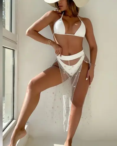 Elegant White 3 piece Bikini Set with Sheer Cover