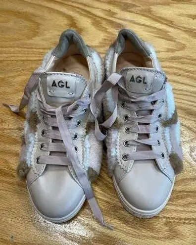 AGL Comfort Shoes Womens 5.5 Pink Leather Fur Trim Lace Up Round Toe Sneakers S9