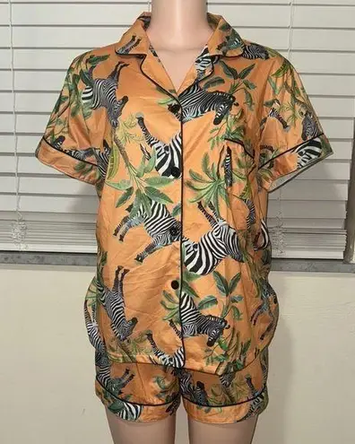 Orange Zebra Print Pajama Set woman size Large button up pocket elastic shorts - Image 1