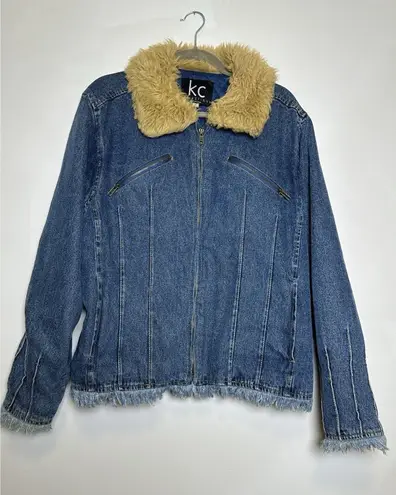 KC Womens Denim Jacket Fully Lined Zip Up Faux Fur Collar Size XL Blue