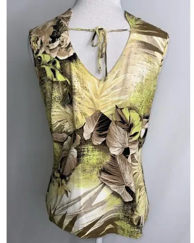 Apriori Golden Yellow Tan & Green Tropical Floral High Neck Sleeveless Top 10