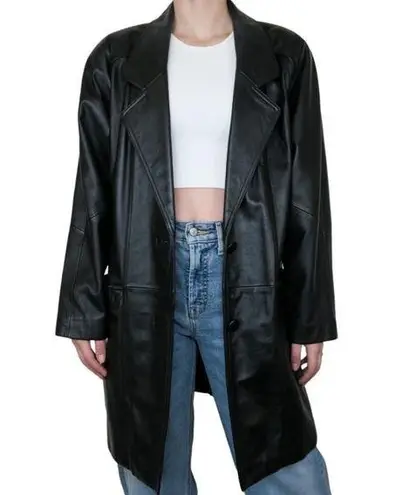 Preston & York Vintage 90s Black Leather Blazer Trench Coat