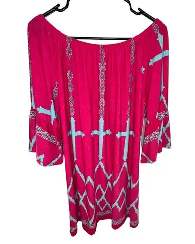 Cezanne Half Sleeve Cross Patterned Flowy Off Shoulder Blouse Pink Size XXL