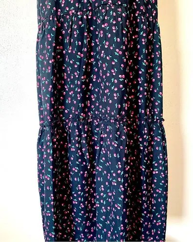Arula Navy & Pink Cherry Print Tiered Sleeveless Adjustable Ties Dress. Blue Size XL
