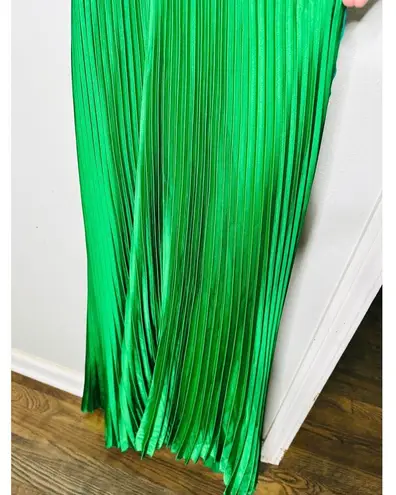 L’IDEE Bright Green Renaissance Mock Neck Pleated Satin Midi Dress Size 12