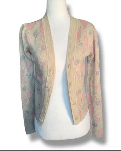 JILL Pastel Oatmeal Light Pink Parrot Animal Print Knit Cropped Cardigan Sweater Tan