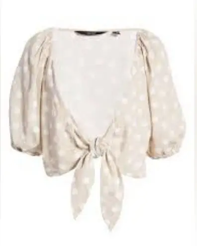 VERO MODA NWOT Tie Front Puff Sleeve Crop Top Silver Lining W/ White Dot Large