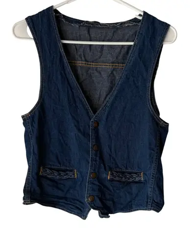 Womens Dark Wash Denim Vest Sleeveless Jean Button Up Braided Pockets S Western Blue