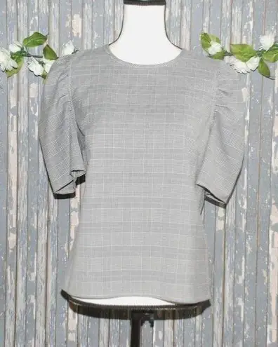 14th & Union Ladies Gray Blouse Top Size S Plaid Houndstooth Puffer SS Stretch