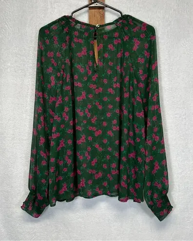 Modcloth  Green & Pink Floral Metallic Sheer Long Sleeve Blouse Size M