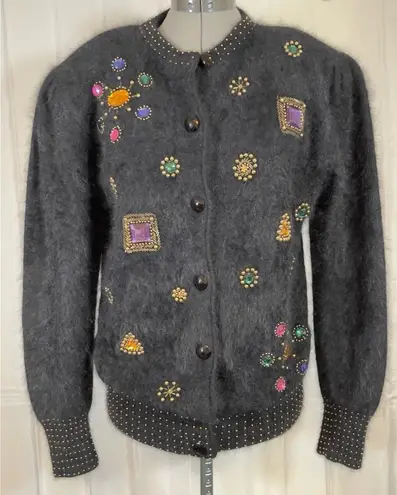 Vintage Shannon Cardigan Angora Lambswool Black Gold Bejeweled Grannycore Soft M Size M