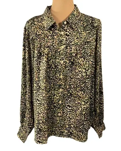 JODIFL New Button Front Blouse Top Size XL Hunter Green Animal Print