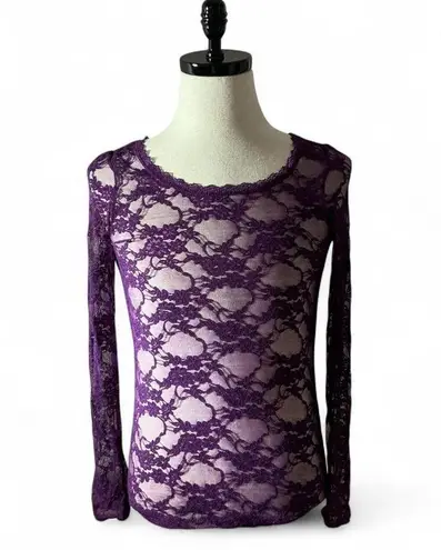 Bozzzo Purple Lace Long Sleeve Scoop Neck Sheer Women Top Shirt Size M