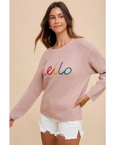 AnnieWear Pink Knit Sweater “Hello” Graphic Pullover Rainbow Letters Size XL