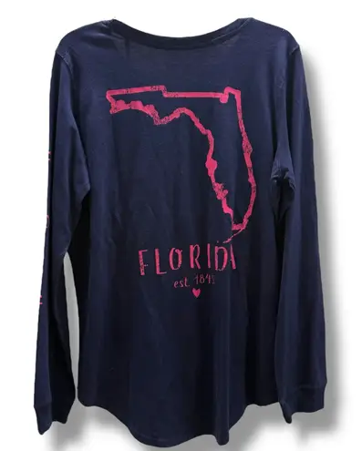 State of Mine Womens Long Sleeve Florida Est 1845 Navy Blue Pink Tee NEW