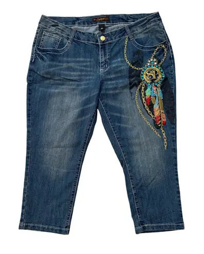South Pole Embellished Capri Jeans Rhinestoneā Feather Design Womens Size 20 Blue