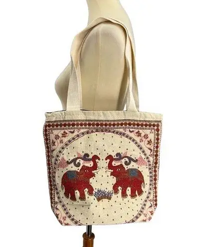 Thai Elephant Print Shoulder Bag Canvas Zip Close Tote Boho Global Artisan White