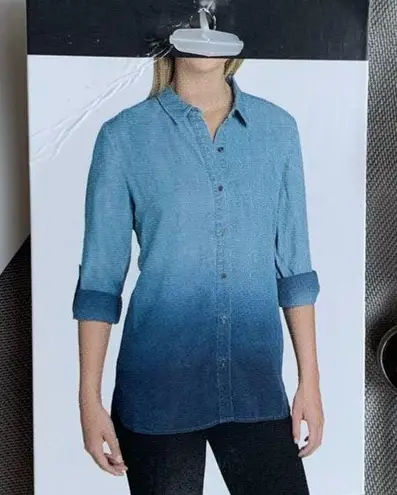 Chelsea & Theodore Long Sleeve Grey Dip Dye Button Front Womens S Blouse Tunic Gray