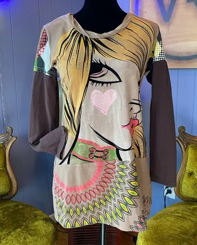 Vintage Y2K Rhinestone Pop Art Custo Barcelona Style Mini Dress Size Medium Tan