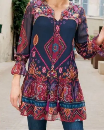 Soft Surroundings Iskra Paisley Floral Embroidered Bohemian Tunic: Navy Blue