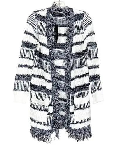 Papillon Black White Knit Fringe Open Front Cardigan Sz S