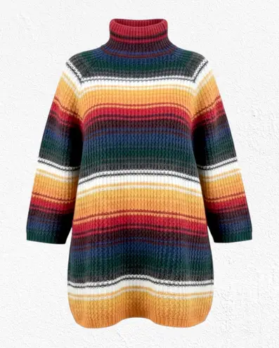 Vintage 70s Rainbow Stripe Mock Neck Cotton Ramie Retro Knit Sweater Size Small Red