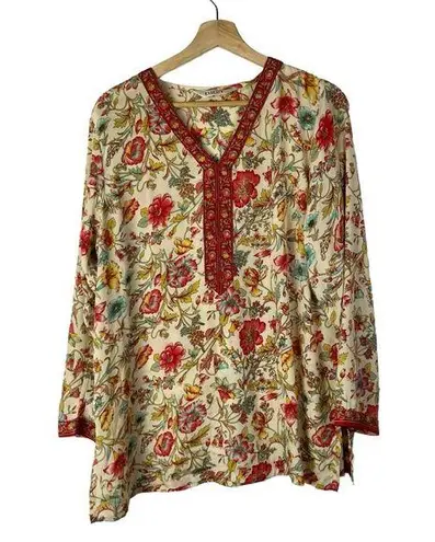 Biba Cream Colorful Floral Satin Printed Straight Long Sleeve Kurta Top M Red Size M