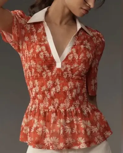 Maeve Anthropologie Sheer Botanical Print Smocked short sleeve Top sz s