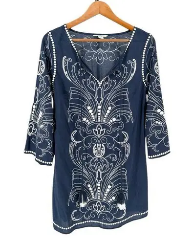 Sundance Palace Tunic Slate Blue Beaded Embroidered size M Medium Elbow Sleeve