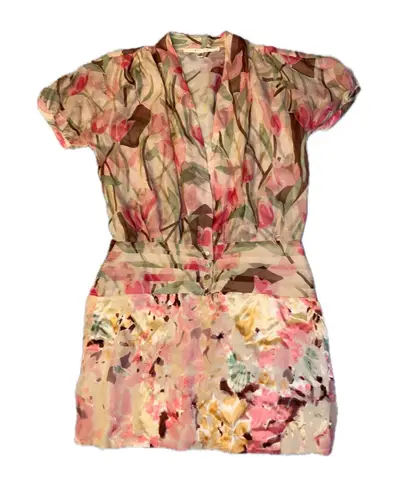 WALTER Floral Print Silk Short Sleeve V Neck Button Front Dress Size 6 Pink