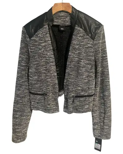 MOSSIMO Cropped Jacket Womens M Open Front Black White Rayon Leather Zippers Gray Size M