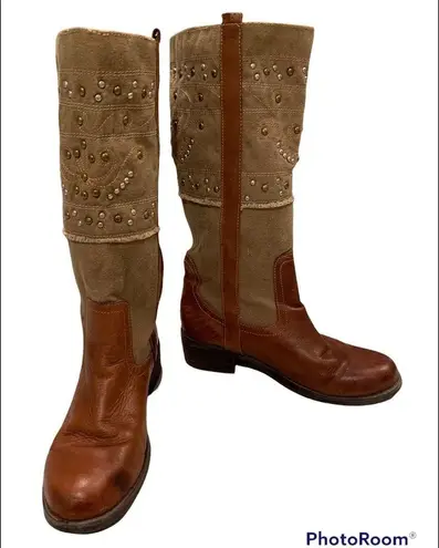 Paris Blues Pull On Leather/Canvas Studded Boots