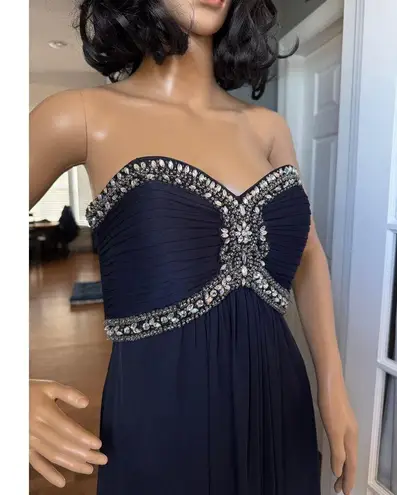 XScape Navy Chiffon Jeweled Bodice Empire A-Line strapless Evening Gown 8