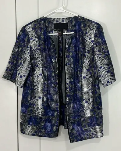 Yansi Fugel Medium Blue, Gray Sparkle Snakeskin Open Front Jacket Top Pockets Blue