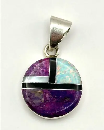 Navajo Handmade Purple Mojave Turquoise Black Onyx Inlay Sterling Silver Pendant