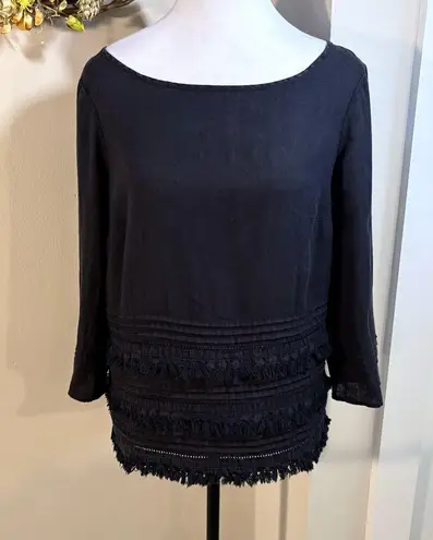 Meadow Rue Boho Chic Black Linen Top with Fringe Sz Small 💛
