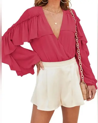 Skyler Rose Long Sleeve Wrap V Neck Ruffle Bodysuit Jumpsuit Sexy Drape Blouse