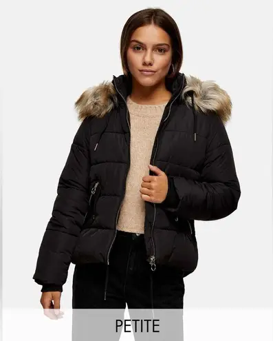 Topshop NWT $125  tie waist padded jacket with faux-fur hood in khaki sz 2