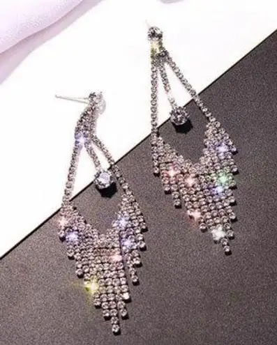 Women's Cubic Zirconia Diamond Long Tassel Dangle Drop Earrings Silver